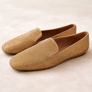 Lola Cruz Gold Rhinestone Square‎ Toe Loafers Crystal Embellished Flats Size 37